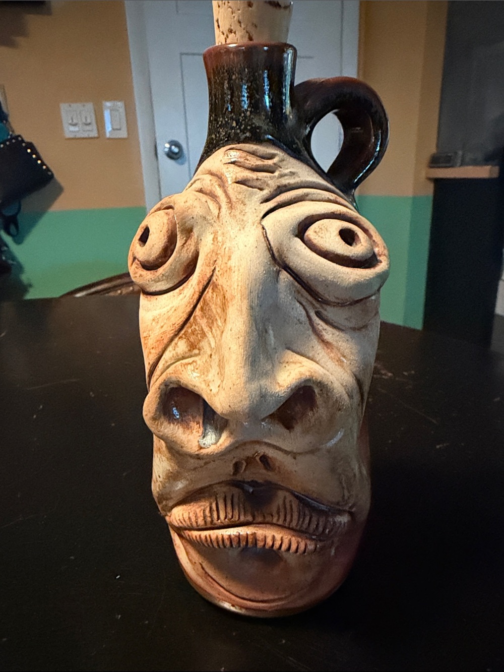 Handmade Folk Art Face Jug Bottle Signed DMD 2020 Pottery Cork Stopper
